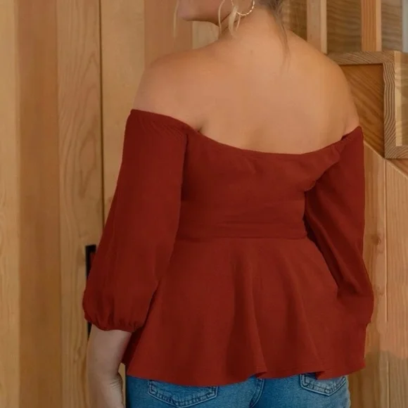 Boho plus  burgundy off shoulder peplum blouse - Picture 4 of 16
